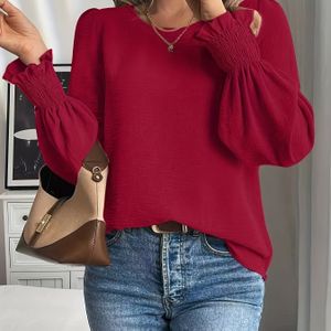 en Herfst Nieuwe Damesmode Kleur Ronde Hals Geplooide Mouw Lange Blouse met