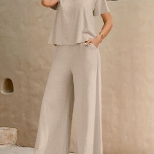 ZD111187 Manqiangqing Vakantiestijl Damespak, Comfortabele Casual Top met Broek Tweedelige Set, Bohemien Strandvakantie , Eerste Niveau Doelgroep