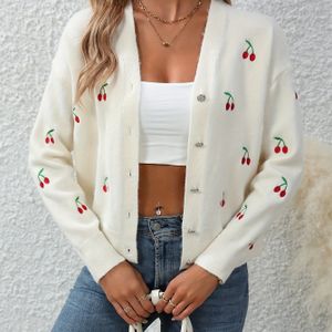 Elegante herfst- en winter geborduurde kersen gebreide vest met V-hals en lange mouwen, een nieuwe veelzijdige dames trui jas.