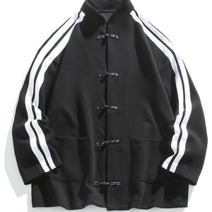 Heren Casual Chinese-Style Vest Jasje met Pan Button Sluiting - Zwart en Wit Gestreept Ontwerp, Lange Mouw, Loose Fit, Spring/Fall Outerwear