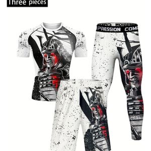 Driedelige herenset met ronde hals, witte camouflage print en zakshorts geschikt voor uitgaan, fitness oefeningen en basislaag compressie lichaamsvormende sportset