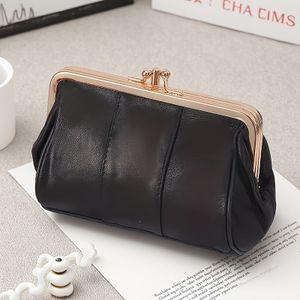 Vintage-style Genuine Leather Clutch With Golden Metal Frame – Black Mini Wallet For Women, Compact Coin Purse & Key Holder, Elegant Textured Design