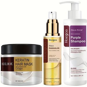 Ultieme Haarverzorgingsset: Keratine & Collageenmasker, Marokkaanse Arganolie Essentie en Essentie Paarse Shampoo - Hydraterend Geschikt voor Alle Haartypes, Licht Niet-Vettige Formule