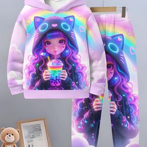 Meisjes Casual Hoodie & Joggingbroek Set - Ademende Pullover met Lange Mouwen en Leuke Anime Karakter Print, Roze & Paarse Pastel Kleuren, Regular Fit voor Lente/Herfst, voor Buiten