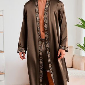 Twee- herenset met casual kleurblok print lange mouw badjas + shorts, polyester, V-hals, niet stretchende stof, willekeurige printpatronen, met riem, voor lente/zomer/herfst