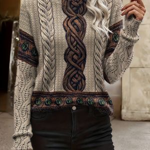 Dames Lichtgewicht Kabel Trui - Koffiebruin Lange Mouw Crew Neck met Groen & Geometrische Print, Casual Pullover, Casual Wear Trui | Kabel Ontwerp | Textuur