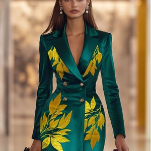 Vrouwen Mode High-End Commuter Ochtendjas Satijnen Pakjurk met Driedimensionale Gouden Bladprint + Dubbelrijige Professionele Kleding