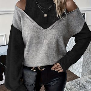 Vrouwen Casual Lange Mouw Coltrui - 100% Polyester, Off-Shoulder Detail, Geribbelde Manchetten & Zoom, All-Seizoen , Kleur, Handwas/Droogreinigen