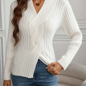 1pc Elegante Acryltricot V-hals Top - Kleur Lange Mouw Trui voor Dames, Herfst/Winter Collectie, 42% Acryl 30% Polyester 28% Polyamide