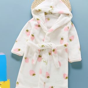 Meisjes Witte Gehaarde Aardbeien Badjas met Pluche Capuchon & Riem - Roze Aardbeien & Print Kimono voor Feestoutfit, Handwasbare Losse Kinderpyjama