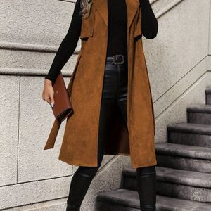 Strikceintuur Open Front Revers Vest, Elegante Mouwloze Knie Lange Vest Voor Herfst & Winter, Dameskleding