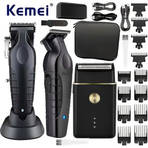 Kemei Professionele Elektrische Haartrimmer en Clipper Set voor Mannen - USB Oplaadbaar, Lithium Batterij, Zwart met Blauwe Accenten, Inclusief Scheermes, Kam en Opbergdoos, Kappersaccessoires