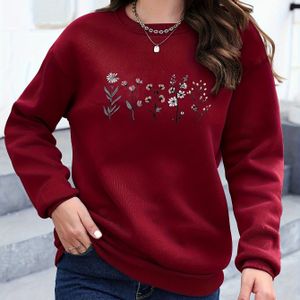 Dames Bordeauxrood Bloemenprint Oversized H-Lijn Trui - Zachte Ronde Hals Lange Mouw Pullover Sweatshirt, Gezellige Wintertrui voor Herfst & Winter Laagjes, Casual Warme Trui (Roze/Wit//Beige)