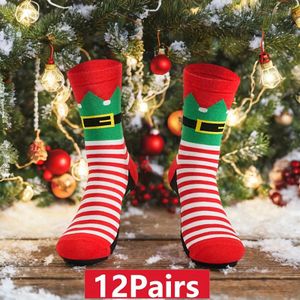 6/12 Paar NCDATE Kerst Sokken - Zachte, Warme en Ademende Halfhoge Sokken met Rood & Strepen, Groene Rand en Gouden Accenten, Perfect voor Mannen en Vrouwen, Zweetbestendig