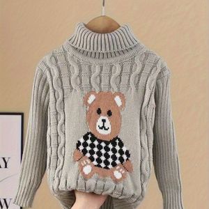 1pc Kinderen Cartoon Bear Turtleneck Trui - 100% Acryl Gebreide Stof, Casual Nek, , Lange Mouw, Reguliere Lengte - Boys en Girls Herfst/Winter Pullover Trui