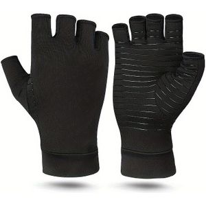Zwarte Compressiehandschoenen, Half Vinger Gebreide Stof, Spandex & Cupro Palmsteun voor Mannen & Vrouwen, Alleen Handwas