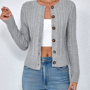 Kabel gebreide geribbelde coltrui cardigan, casual kleur voorkant lange mouw cardigan voor winter en herfst, dameskleding.