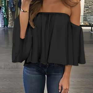 1pc Elegante Off-Shoulder Ruffle Top, Kleur Polyester Blouse met Strapless Ontwerp, Geweven Rekbaar Shirt voor Vrouwen, Lente/Zomer Mode