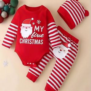 3-delige Baby & Kerstoutfit Set - Eerste Kerst Romper, Lange Mouwen Bodysuit & Gestreepte Beenwarmer Broek (Rood/Wit) - Fotoshoot Kleding, Wasmachinebestendig, Perfect voor Buiten