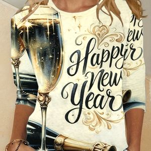 Gelukkig Nieuwjaar Glas Print Lange Mouw T-Shirt voor Vrouwen - Casual Polyester Breisel, , Geen Riem, Pullover Stijl met Ronde Hals - Modieuze Maat Letter Print Top