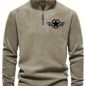 Klassieke zwarte fleece-pullover voor heren met sterlogo - Rechtopstaande kraag, lange mouw, rits, casual stijl, perfect voor herfst, casual kleding|Stijlvolle pullover|Rits bovenkant