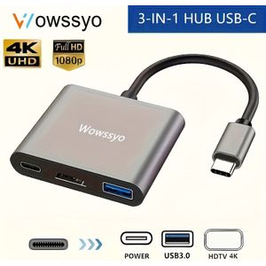 Wowssyo USB-C 3-in-1, Aluminium USB-C Adapter voor /Air, 4K HDTV, PD 100W, USB 3.0 Poorten, voor Nintendo Switch, , XPS, Laptop PC's en Andere Apparaten