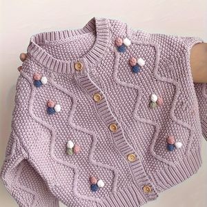 Meisjes Witte Kabelgebreide Cardigan Trui met Multicolor Knoopachtige Kralen (Roze, Blauw, Goud) - Dikke Lente/Herfst Jas, Korte Mouw Ronde Hals Blazer, Machine Wasbare Buitenkleding