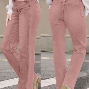 Dames High-Waisted Stretch Skinny Jeans - Roze Slim-Fit Mid-Rise Wide Leg Broek met Riemlussen & Knoopsluiting, Pink Wasbroeken voor Casual en Formele Gelegenheden (Wasbaar in de Machine)