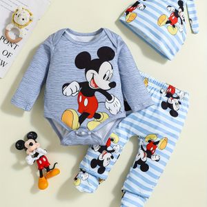 Cartoon Baby Bodysuit + Broek Set + Baby Muts, Lente/Herfst Jongens Kruip Outfit, Leuke Kruippak, Perfect voor Buiten