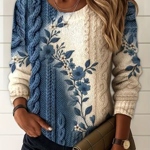 Elegante dames trui met bloemenprint - Zachtroze & witte pullover met ronde hals, lange mouwen voor casual tot formele outfits - Chique alledaagse trui voor dames