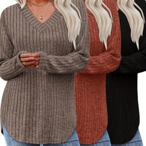 Plus Size, 3-delige Dames Oversized Trui Set - V-hals Truien in Beige, Grijs & Donkerbruin - Losvallende Tunieken (Casual tot Formeel) - Wasmachinebestendige Knitwear voor Herfst Winter Lagen