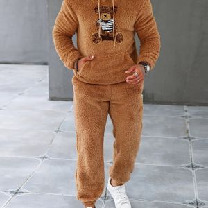 Fuzzy Fleece 2-delige Outfits Voor Heren, Casual Hoodies, Sweatshirt Met Lange Mouwen, Capuchon En Joggingbroek, Joggingbroek Voor Winterherfst, Herenkleding
