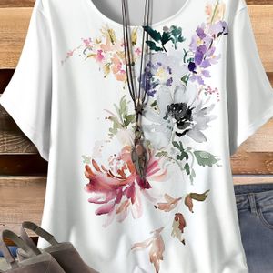 Women's Plus Size Floral All- Short Sleeve T-shirt - Soft Breathable Fabric, Relaxed Fit Round Neck Casual Top For Casual Attire, Hand Wash Only