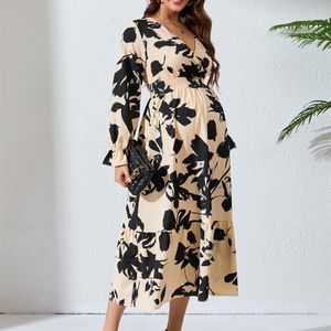 Dames Zwangerschapsjurk met Bloemenprint voor Lente, Herfst en Winter, Kleding voor Zwangere Vrouwen