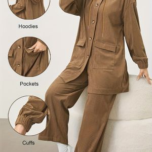 Dames Casual Hooded Sweatsuit Set - Knusse Fleece Gevoerde Jumpsuit met Zakken, Lange Mouwen & Wijde Pijpen, Perfect voor Herfst/Winter, Casual Kleding