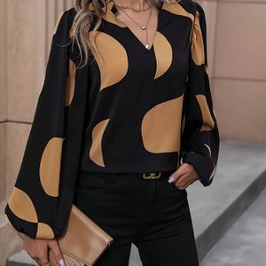 Vrouwen Elegante Zwart-Rode Kleurblok Blouse met Pofmouw en Notch Revers - Wasbaar in de Machine, Lente/Herfst Top voor Casual & Formele Kleding, Niet- Stoffen