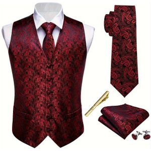 Heren Dieprode Paisley Pak Jas Vest Jacquard V-hals Gilet Stropdas Set 5- Formeel/Bruiloft Jurk Vest, Plus Size