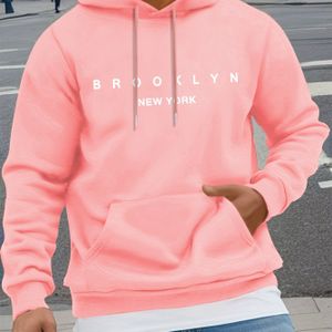 BROOKLYN NEW Klassieke Letter Print, Heren Trui met Trekkoord, Heren Comfortabele Casual Pullover Lange Mouw Hoodies Met Kangoeroezak, Tops Voor Buitenactiviteiten