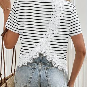 Women's Elegant Striped Short Sleeve T-shirt - Stretchy Polyester-spandex Blend, Lightweight 160gsm, Machine Washable, Spring Summer Casual Top