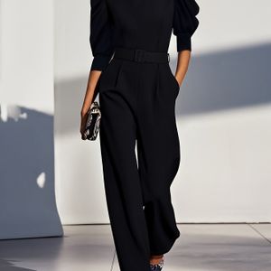 Lente/Zomer Elegante Zakelijke Stijl Slanke Pasvorm Kleur Ronde Hals Pofschouder Riemmetje Geregen Jumpsuit voor Vrouwen