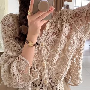 Elegante kanten geborduurde V-hals vest | Ronde hals, lange mouwen, knoopsluiting, geschikt voor lente, zomer, herfst - JELLY