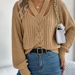 Effen Cut Out V-hals trui, Casual Lange Mouw Holle Trui Voor Herfst & Winter, Dameskleding