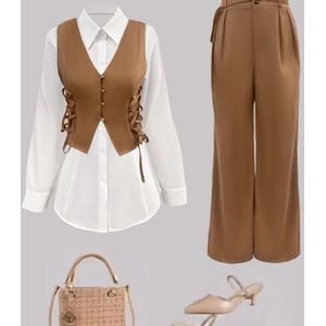 Stijlvolle Mouwloze Vest Top + Dubbelgebandde Rechte Broek + Lange Taille-Snede Shirt Driedelige Set voor Vrouwen