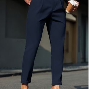 Herenslim Fit Geplooide Casual Broeken met Verstelbare Taille & Ingebouwde Rits - Kleur Zakelijke Broek, Machinewasbaar