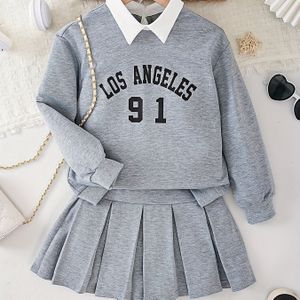 Meisjes 2-delige Set, Casual Amerikaanse College Stijl Shirt met Letterprint en Geplooide Rok, Sportieve Outfit, Ideaal voor Buiten