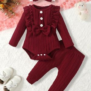 Meisjes Lente/Herfst Mode Lange Mouwen Ronde Hals Kant Strik Bodysuit + Kleur Elastische Taille Broek 2-delige Set voor Baby Uitjes, Perfect voor Buiten