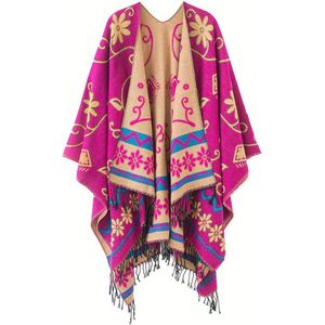 Vintage open front sjaal met franjes, bloemenpatroon, rekbare cardigan poncho, casual winddicht en koudbestendig, boho warme damesdeken sjaal.