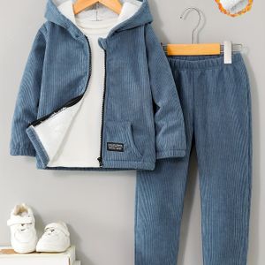 Herfst- en Winter Set voor Jongens: Blauwe Kleur Hoodie met Rits en Plus Fluwelen Warme Top & Blauwe Kleur Lange Broek