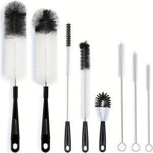 8-delige Flesreinigingsborstelset - Lange Handvat Zwarte Flesreiniger, Geschikt voor het Reinigen van Slanke Wijn/Water//Shaker/ Sportwaterfles/ Kruik/ Rietje/ Dekseldetailreiniger.