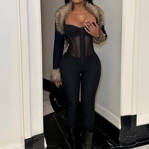 Doorschijnende Mesh Jumpsuit, Sexy Mouwloze Sweetheart Nek Boning Skinny Bodycon Jumpsuit, Dameskleding